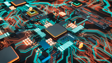 Close-up of a microchip on a circuit board. It shows a complex network of electronic components. The...