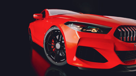 Close-up of a sleek red sports car that features an aggressive front design. shiny surface and black alloy wheels for a modern, high-contrast atmosphere.3d, rendering, illustration,の写真素材
