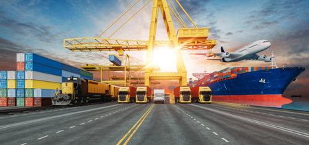 A dynamic scene showcasing intermodal transportation, featuring cargo containers, trucks, trains, a...