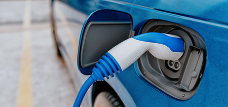 A sleek electric SUV charging at a modern urban charging station, showcasing the future of clean...