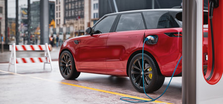 A sleek electric SUV charging at a modern urban charging station, showcasing the future of clean...