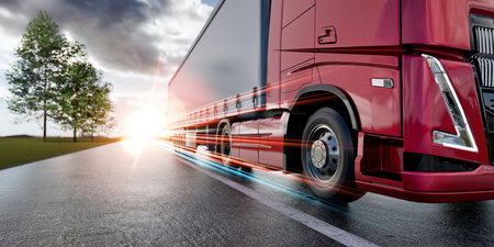 A modern truck driving on an open highway at sunrise, highlighting speed, transportation, and...
