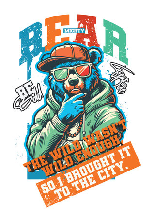 A stylish cartoon bear in urban attire, blending wilderness with city vibes. Ideal for T-shirt and apparel designs.のイラスト素材