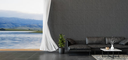 A contemporary 3D rendering of a modern living room featuring a black sofa, a lake view, and stylish...