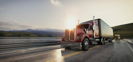 A detailed 3D rendering of a red semi truck on a scenic road with a sunrise view. Ideal for showcasing logistics and transport, 3D illustration.の写真素材