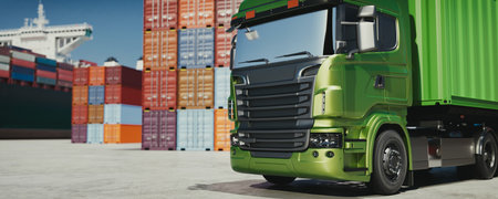 Realistic 3D rendering of a container yard featuring a white truck, red container, and forklift handling cardboard boxes. Suitable for logistics and industrial-themed illustrations.の写真素材