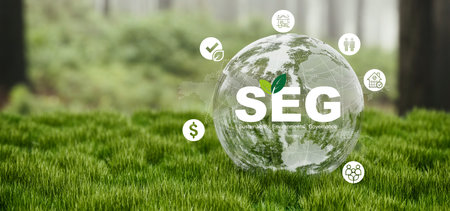 A 3D rendering of a transparent globe on lush grass, surrounded by sustainability and icons. Perfect for environmental, green economy, and governance themes.の写真素材