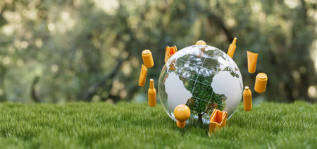 3D rendering illustration of a glass globe surrounded by plastic waste, symbolizing pollution and...