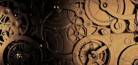 Detailed 3D rendering of golden gears and intricate mechanical parts. Ideal for engineering, industry, or steampunk-themed projects. 3D, rendering, illustration.の写真素材