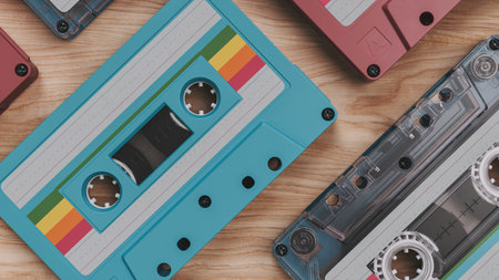 A 3D rendering of colorful vintage cassette tapes arranged on a wooden surface, showcasing retro...