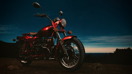 A 3D rendering of a vintage motorcycle under a serene night sky, showcasing detailed craftsmanship...