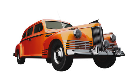 A 3D rendering of a classic orange vintage car with detailed design and chrome accents, isolated on a white background. Perfect for automotive and retro illustration themes.の写真素材