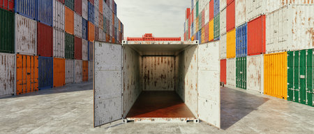 3D rendering illustration of an old rusty shipping container with open doors, revealing an empty...