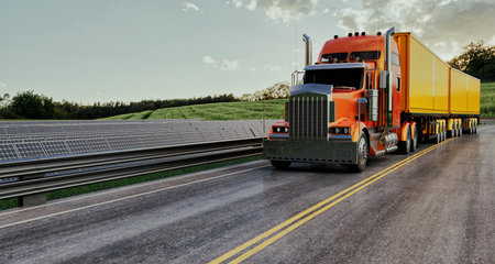 3D rendering illustration of an orange semi-truck driving on a highway beside solar panels, representing logistics, transportation, and sustainable energy.の写真素材