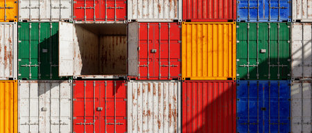 A high-quality 3D rendering of stacked shipping containers in various colors, featuring an open door...