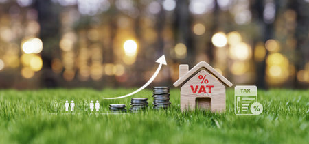 A 3D rendering of a real estate and mortgage concept featuring a wooden house, stacked coins, and financial icons on grass, symbolizing property investment and interest rates. 3d, rendering, illustration.の写真素材