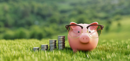 A 3D rendering of a piggy bank wearing glasses next to stacked coins on green grass, symbolizing financial growth, smart saving, and economic planning. 3d, rendering, illustration.の写真素材