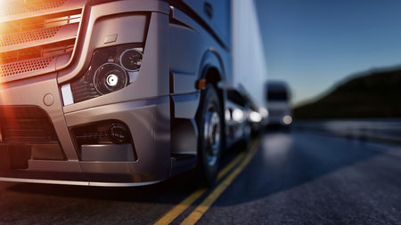 High-quality 3D rendering illustration of a cargo truck on the highway. Perfect for transportation, logistics, and freight industry.の写真素材