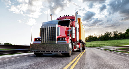 Realistic 3D rendering illustration of a classic American semi truck with a long nose and large grille, driving on a rural highway. Perfect for transportation, logistics, and trucking themes.の写真素材
