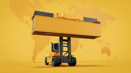 Realistic 3D rendering illustration of a forklift lifting a shipping container, representing global...