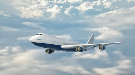 A detailed 3D rendering of a commercial airplane soaring above the clouds, showcasing modern aviation design. 3d, rendering, illustration.の写真素材