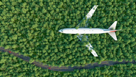 A surreal 3D rendering of a commercial airplane blending into the dense forest canopy, creating a unique illusion from an aerial perspective. 3d, rendering, illustration.の写真素材