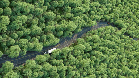 A stunning 3D rendering of a curvy road cutting through a dense green forest, viewed from above. 3d, rendering, illustration.の写真素材