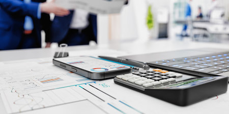 A high-quality 3D rendering of a financial workspace with a calculator, smartphone, and laptop on a desk, representing business planning and data analysis. 3d, rendering, illustration.の写真素材