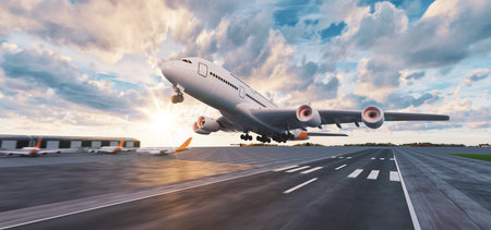 3D rendering of a large commercial airplane taking off from the runway at sunset. The scene captures motion, speed, and aviation technology in a realistic setting.の写真素材