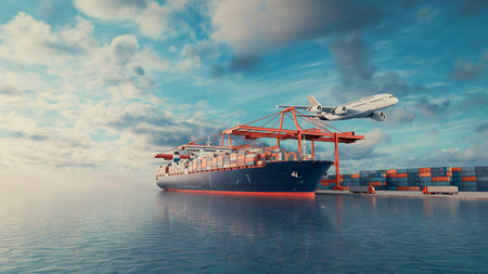 A cargo ship at the port with an airplane flying above, representing global logistics and trade. 3D, rendering, illustration.の写真素材