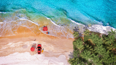 3D rendering of a tropical beach from an aerial perspective, featuring a parked car, an umbrella,...