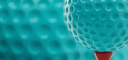 3D rendering of a golf ball on a tee with a soft-focus background, highlighting the dimples and texture in a modern, abstract style.の写真素材