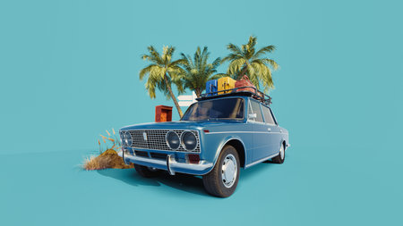3D illustration of a vintage classic car loaded with luggage, parked near tropical palm trees, representing a nostalgic road trip and summer vacation.の写真素材