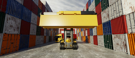 3D rendering, illustration, cargo port scene, container handler lifting shipping container, logistic...