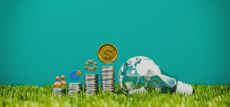 3D rendering, illustration, ESG financial sustainability concept, globe light bulb, coins, green energy investment, grass foreground, minimalist background.の写真素材