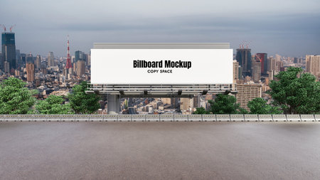 Empty billboard mockup with urban cityscape view, blank advertising space for inserting your design, commercial template for marketing and branding projects.の写真素材