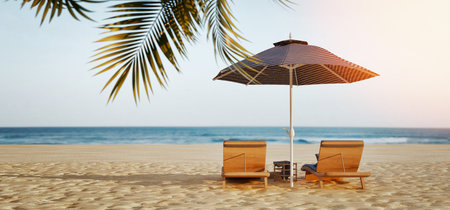 Realistic 3D illustration of two wooden beach chairs under a sunshade umbrella on an empty tropical beach, with calm sea and soft sunlight creating a serene vacation atmosphereの写真素材
