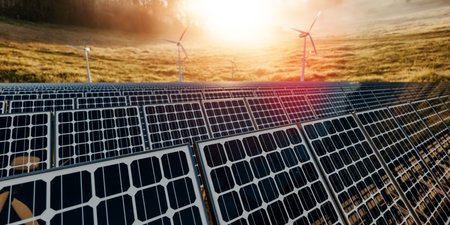 Photorealistic 3D illustration of solar panels and wind turbines in a grassy field during sunrise, symbolizing clean energy and environmental harmonyの写真素材