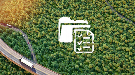 3D illustration of sustainable logistics featuring a document checklist and folder icon overlaying...