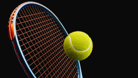realistic tennis ball in motion near blue and orange racket with black background close up concept of precision power and professional sport 3d renderingの写真素材