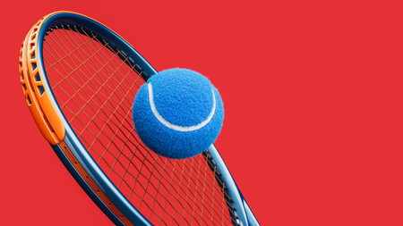 modern blue tennis ball floating next to orange and blue racket on solid orange background creative...