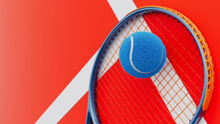 creative blue tennis ball floating next to orange racket on modern graphic background with orange and white shapes conceptual and bold 3d rendering sport illustrationの写真素材