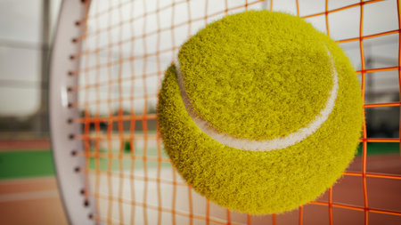 realistic tennis ball impacting racket strings in extreme close up outdoor court blurred background detailed texture sport action concept 3d renderingの写真素材