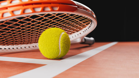 realistic tennis ball on white line of clay court with orange racket in background close up focus modern sport equipment concept 3d renderingの写真素材