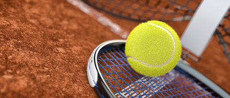 3D rendering close-up of a yellow tennis ball resting on a blue-string tennis racket on a clay court. High-detail scene showing sports equipment for competition and training.の写真素材