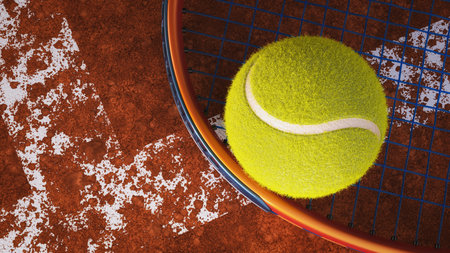 3D rendering of a bright yellow tennis ball resting on a tennis racket placed on a red clay court. High detail surface texture, white line markings, and sports competition theme.の写真素材