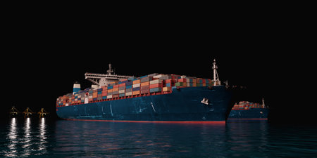 Massive container ship loaded with colorful cargo containers arriving at port during nighttime,...