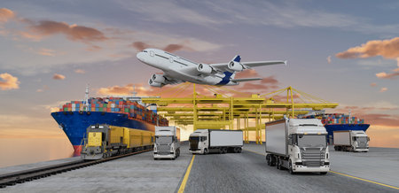 3D illustration showing global logistics with cargo ship, airplane, trucks, and freight train at container port, symbolizing global trade and supply chain system.の写真素材