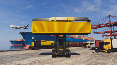 3D illustration of global logistics hub featuring cargo ship, freight train, airplane, and trucks at a seaport terminal with containers and cranes under clear blue sky.の写真素材