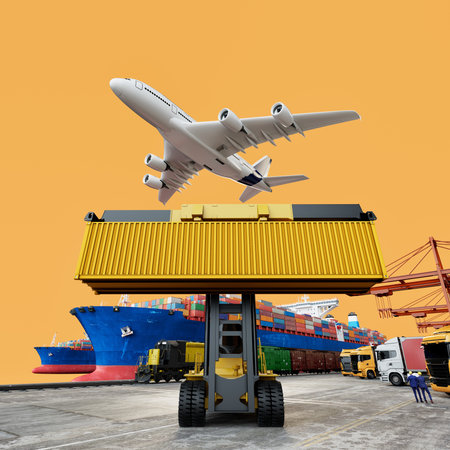 3D logistics illustration featuring airplane flying above container lifter, cargo ship, trucks, and cranes at seaport with minimal yellow background.の写真素材